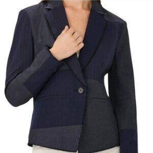 Ecru patchwork blazer navy blue pinstripe raw edge single-breasted jacket edgy
